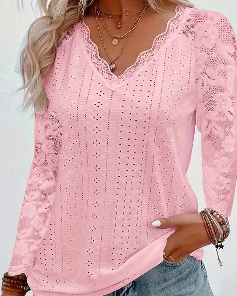 Mulheres Blusa Tops de renda Renda Patchwork Tecido Ativo à moda Manga Longa Decote V Tops regulares Diário Feriado Para Noite Branco Rosa Vinho Azul Claro Verão Primavera de 2026 por $21.99 –P8