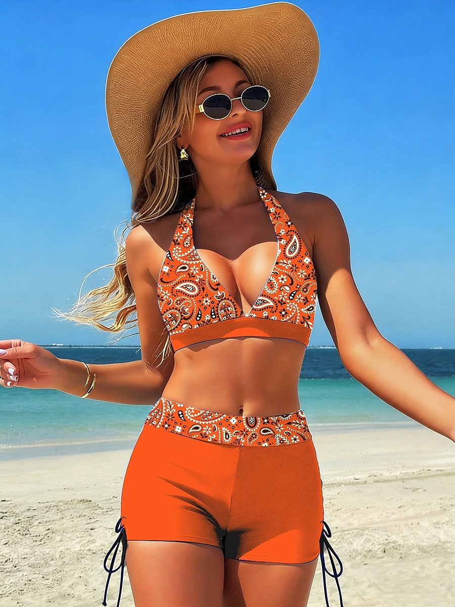 Dwuczęściowy strój kąpielowy dla kobiet bikini z wysokim stanem bez pleców wakacyjna odzież plażowa grafika paisley dekolt w kształcie litery V bez rękawów 2026 - $33.99 –P4