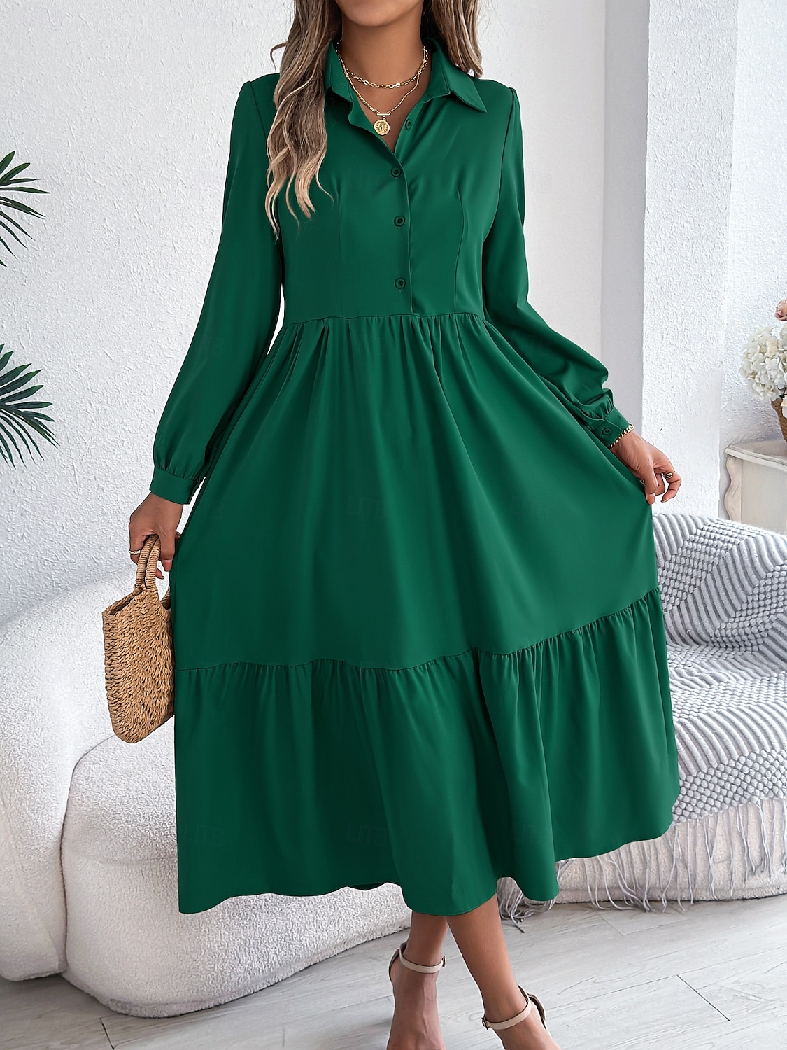 Women's Midi Dress A Line Dress Casual Daily Regular Fit Plain Long Sleeve Lapel Blue Navy Wine Green Spring 2026 - $36.99 –P14