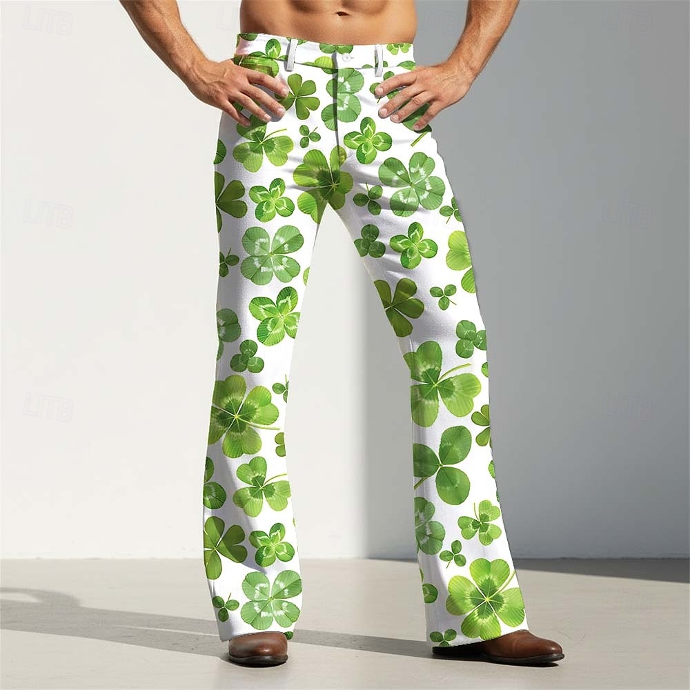 St. Patrick's Day Men's Four Leaf Clover Tartan Shamrock Trousers Disco Pants 60s 70s Bell Bottoms Mid Waist Vintage Retro Holiday Side Pockets Flared Leg Pants Trousers Summer Spring 3D Print White 2026 - $29.99 –P3