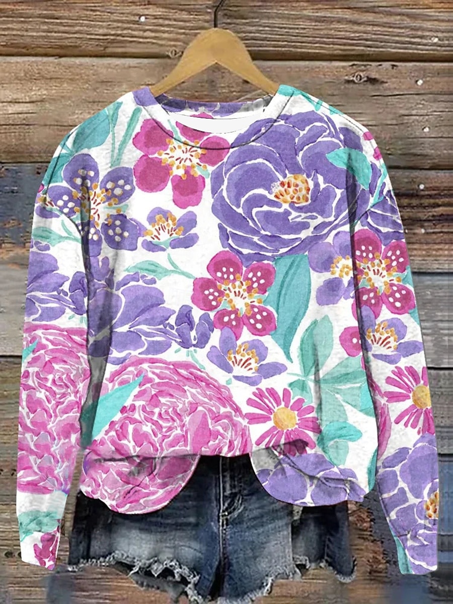 نسائي كنزة صوفية ورد الرسم كاجوال كم طويل رقبة عالية مدورة قمصان عادية فضفاض شارع مناسب للبس اليومي وردي بلاشيهغ أرجواني أخضر الربيع الشتاء 2026 - $28.99 –P3