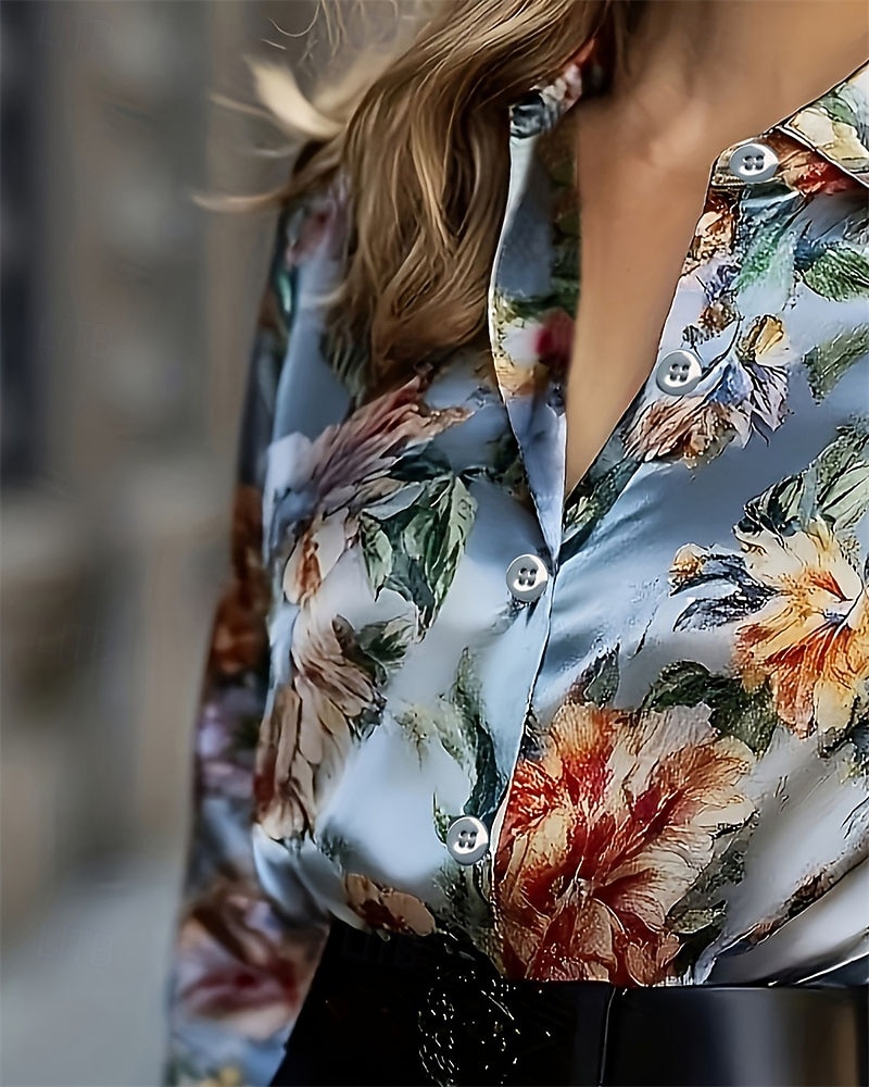 نسائي قميص أنيقة بلوزة من الساتان قمم الصيف مكشكش بقع طباعة ورد الرسم سهل أنيق عتيق سيدات كم طويل قبعة القميص قمصان عادية مناسب للبس اليومي عمل مناسب للعطلات أزرق الصيف الربيع 2026 - $26.99 –P3