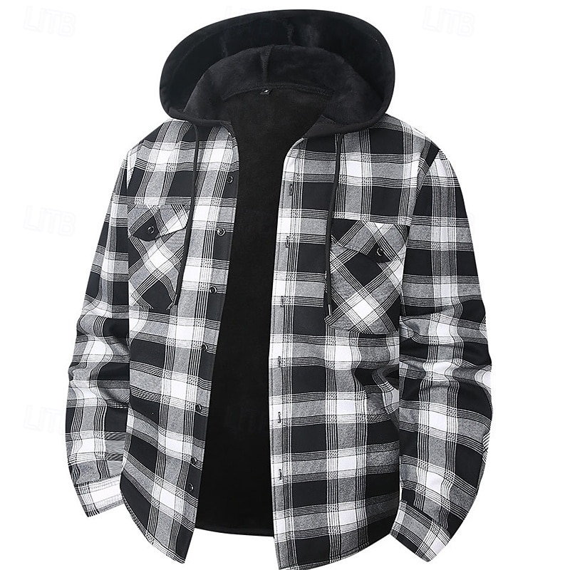 Муж. Зимнее пальто Флисовая жилетка Повседневная куртка Повседневные на открытом воздухе Сохраняет тепло Карман Осень Зима В клетку Уличный стиль Повседневные Капюшон Обычная 2026 - $31.99 –P2