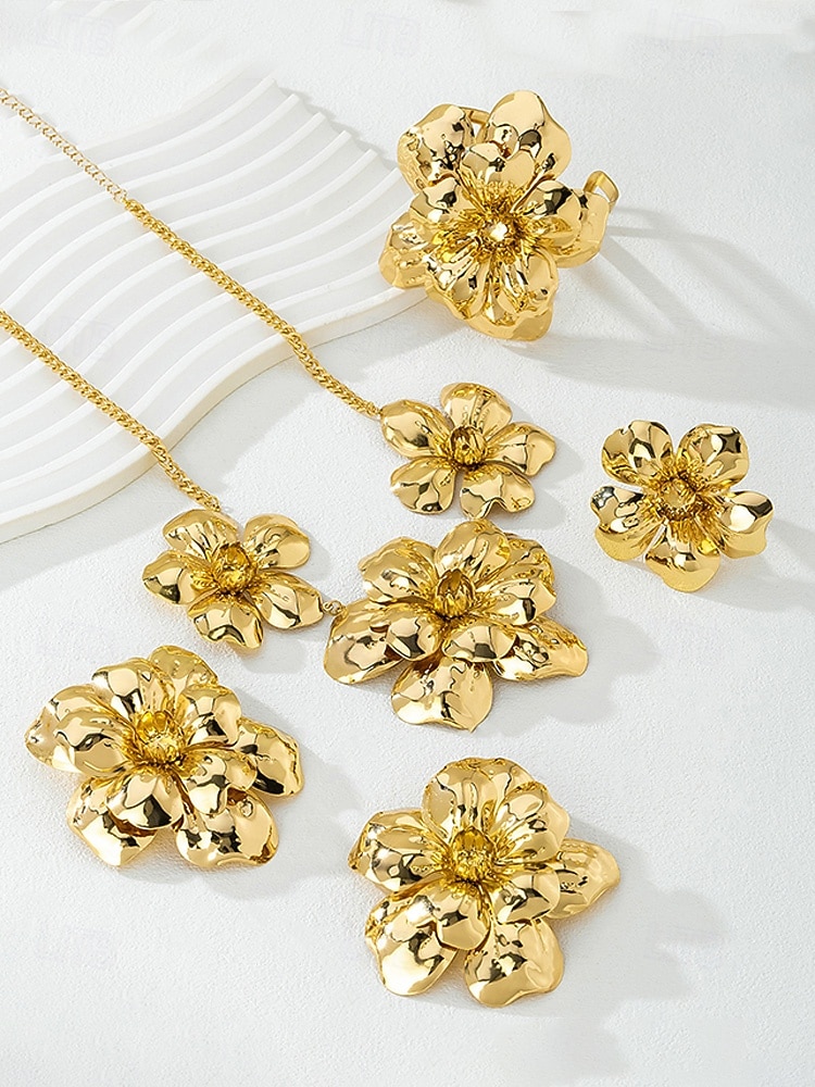 2026年 女性用 ステートメント ゴールドトーン フラワージュエリーセット – 合金ネックレス、イヤリング、ブレスレット、リング、カーニバル、マルディグラ、コスチュームパーティー用  コレクション – $18.99 –P6