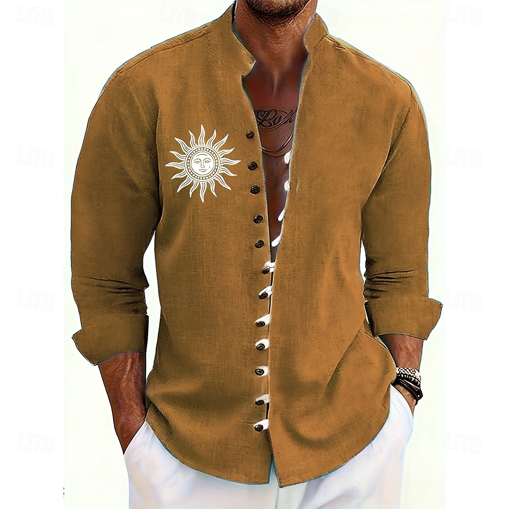 Homme Soleil Ethnique Culture indienne Chemise Chemise à col montant manche longue Vintage Rétro Occasionnel Vacances Printemps Automne Col mandarin Band Collar Boutonné Chemise en lin Bleu Jaune de 2026 ? $11.49 –P2