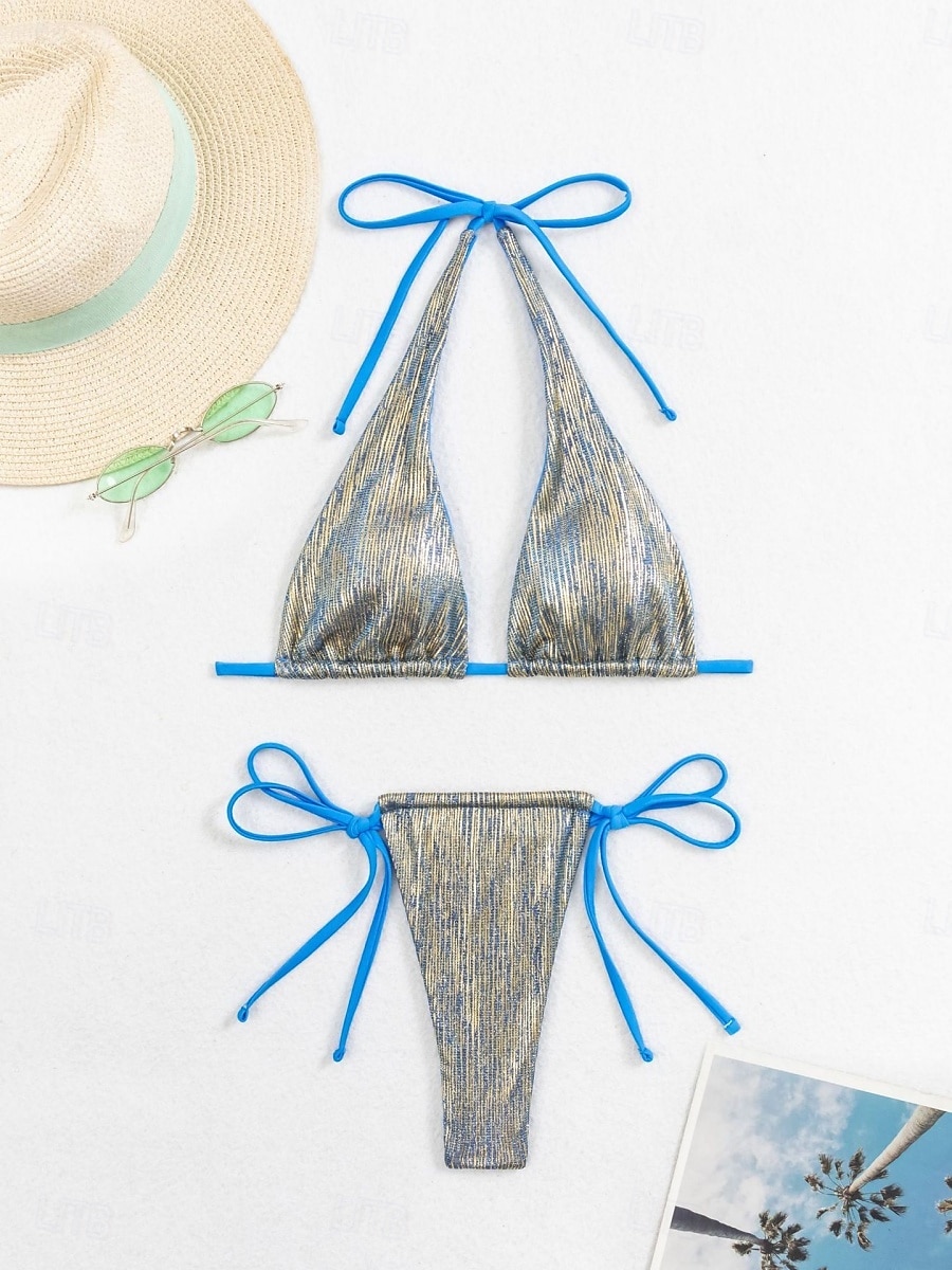 Kostium kąpielowy dwuczęściowy bikini dla kobiet stringi wąski odsłonięty tył wakacyjny strój plażowy jednolity kolor dekolt na szyję bez rękawów 2026 - $25.99 –P10