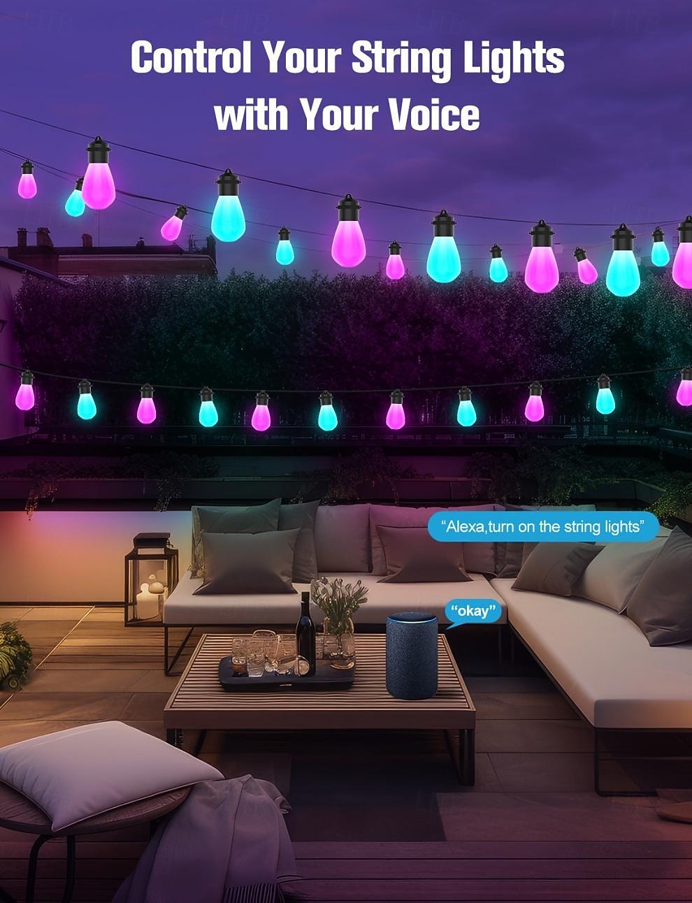 2026年 スマートな屋外用ストリングライト、調光可能な LED 電球を備えた RGB 屋外用ライト、IP65 防水、パティオ、裏庭用のシーンモードを備えた色が変わる温白色ライト、アプリ制御  コレクション – $53.87 –P5