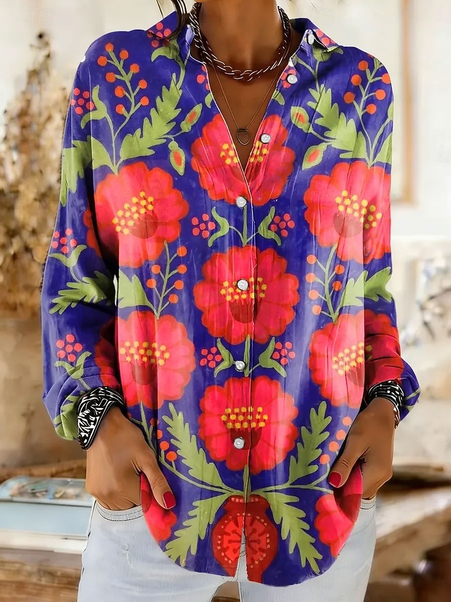 Женская рубашка из льняного материала воздухопроницаемая легкая градиентная цветочная графика элегантная винтажная тропическая с длинным рукавом с воротником обычные топы для повседневной носки принт 2026 - $36.99 –P3