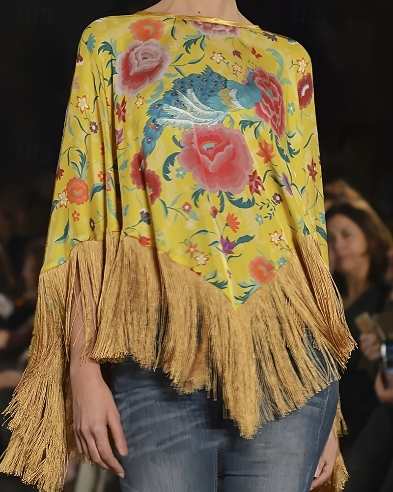 Women's Blouse Tassel Print Floral Active Stylish Long Sleeve Crew Neck Regular Tops Daily Holiday Going out Blue Yellow Summer Spring 2026 - $44.99 –P1