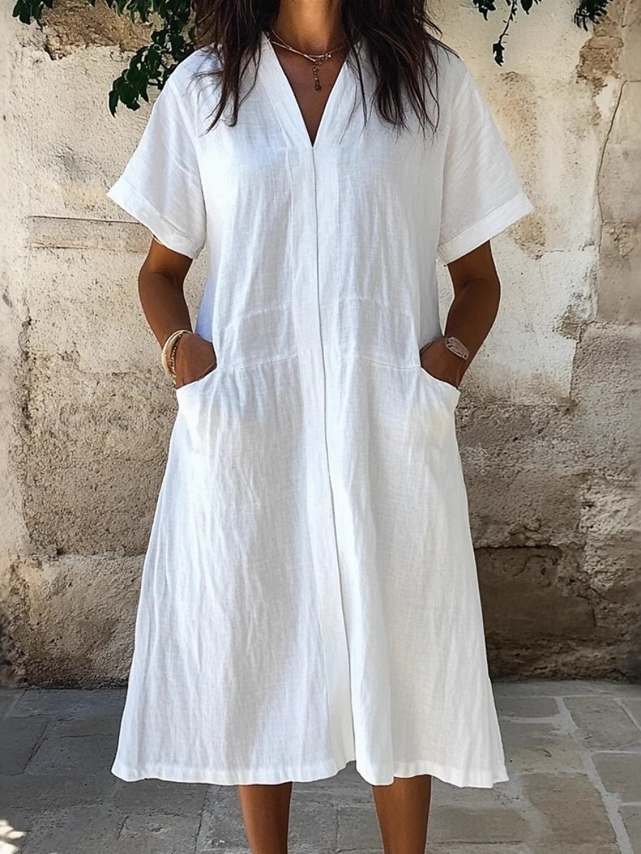 Women's Cotton Linen Midi Dress Shift Dress Summer Dress Casual Daily Loose  Fit Plain Short Sleeve V Neck Blue White Purple Green Summer Spring 2026 -  $31.99