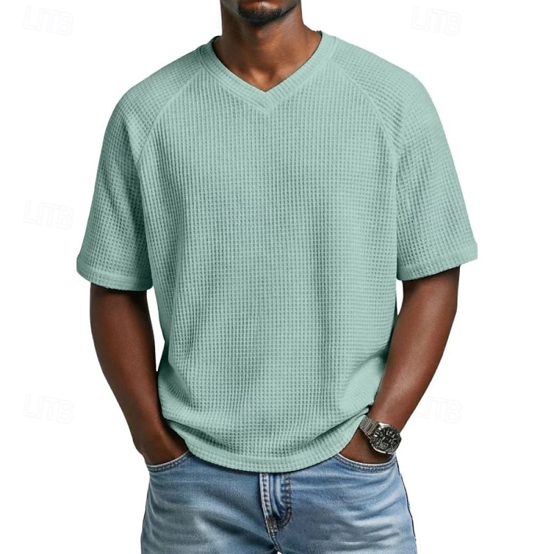Men's Waffle T-shirt T Shirt Short Sleeve Shirt Tee Top Short Sleeve V Neck Summer Spring Solid Color Vintage Streetwear Stylish Raglan Sleeves Daily Outdoor Vacation Blue Army Green Dark Blue Top 2026 - $20.99 –P1