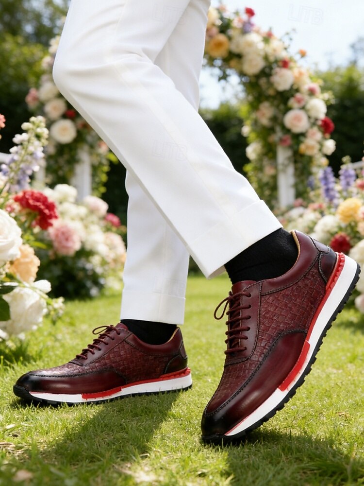 Chaussures de course pour homme en cuir bordeaux – un design sportif et un confort optimal, parfaites pour les mariages décontractés, les événements en plein air et les week-ends. de 2026 ? $94.99 –P1