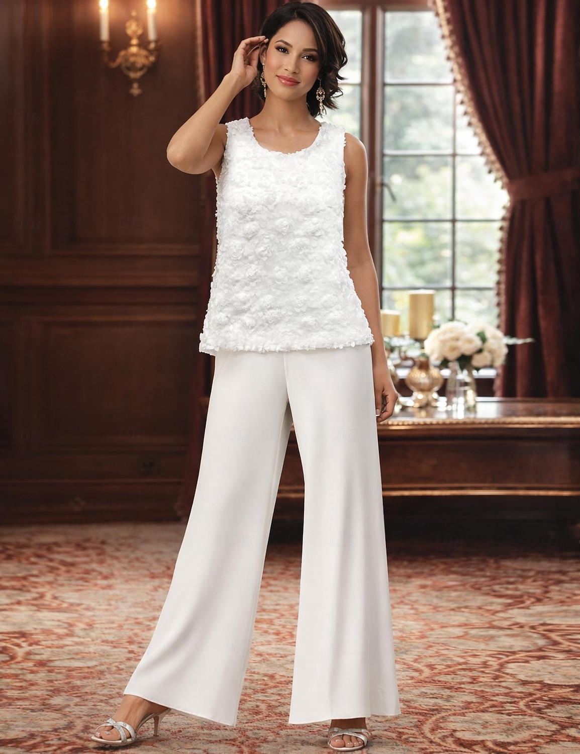 Traje de pantalón Traje de 3 piezas Hasta el Suelo Vestido de Madrina Sin Mangas Barco de cuello Elegante Talla Grande Bolero incluido Formal Invitado a la boda Gasa con Encaje 2026 - $126.99 –P4