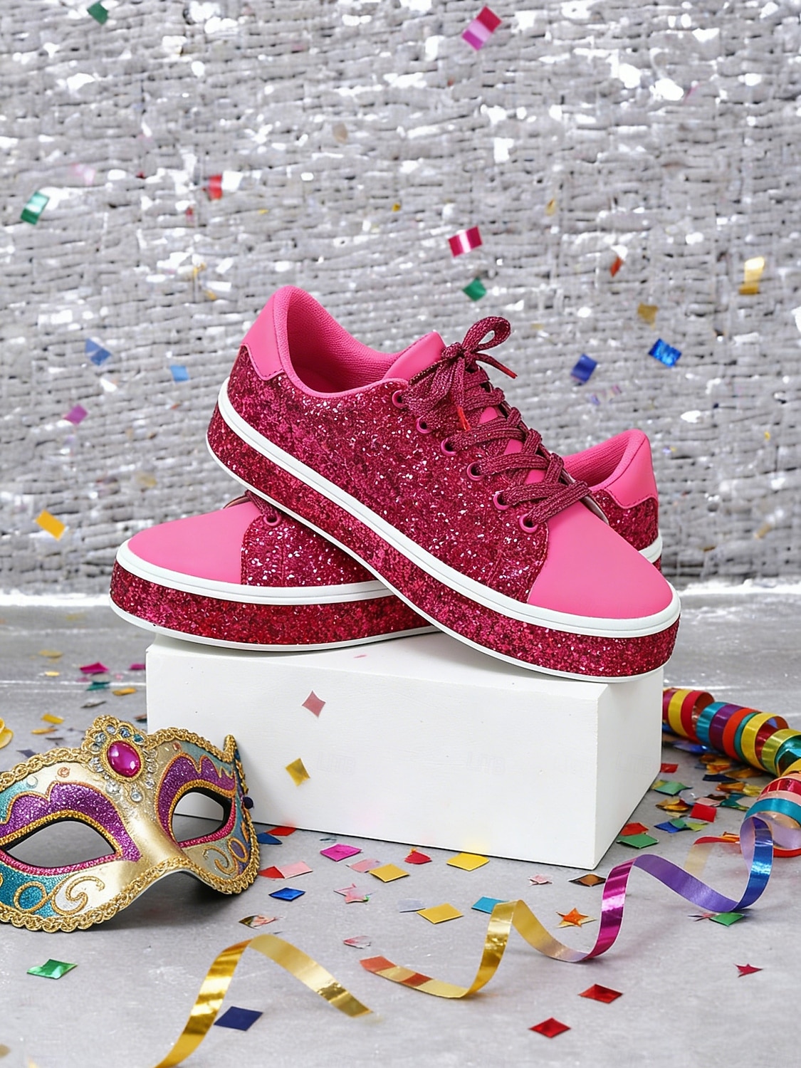 Damsneakers med rosa glitter och snörning – glittrande platåskor för vardagsbruk, karneval, festivaler och fester 2026 - $46.99 –P4