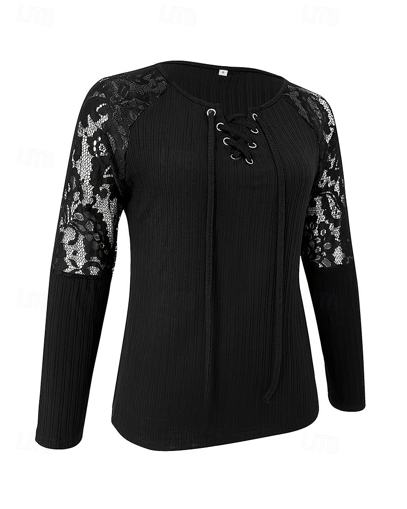 Per donna Blusa Pizzo Patchwork Semplice Elegante Manica Lunga Scollo a V Top Regolari Ferie Uscire Nero Estate Primavera Autunno del 2026 a $29.99 –P3