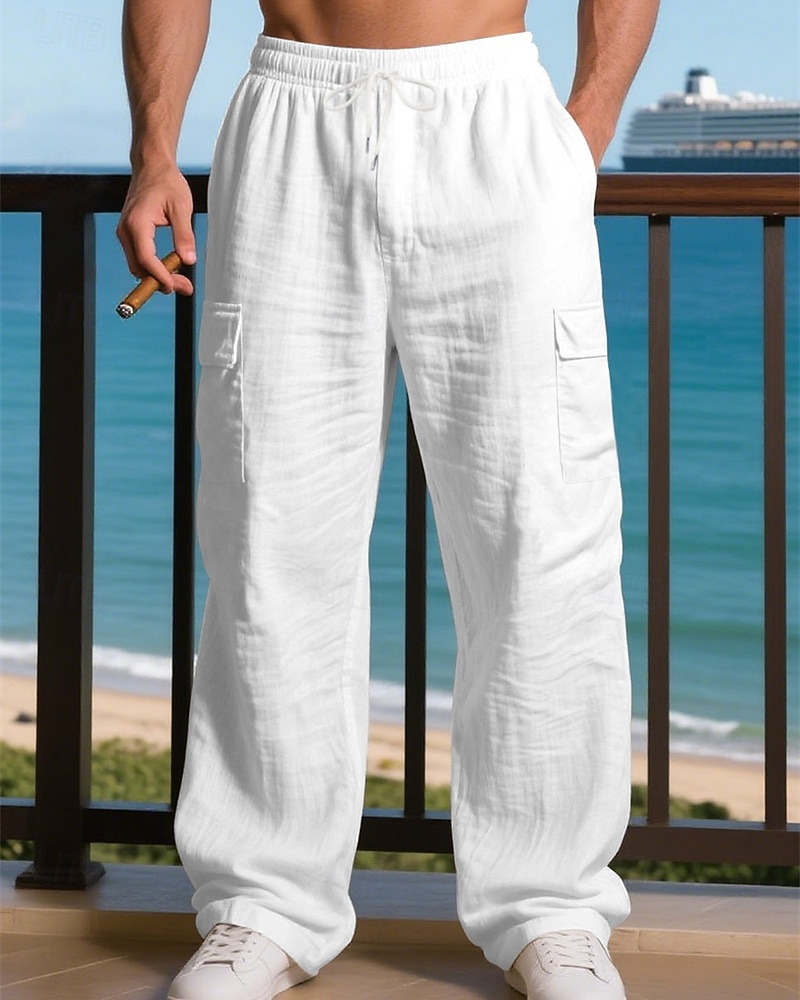 Miesten Pellavahousut Housut Kesähousut Roikkuvat housut Rantahousut Kurenauha Joustava vyötärö Yhtenäinen väri Mukavuus Hengittävä Päivittäin ulko- Hiekkaranta Loma Muoti Musta Valkoinen 2026 - $26.99 –P5