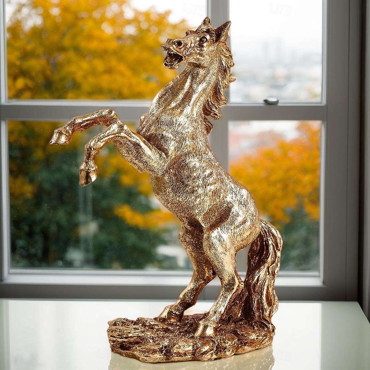 gyllen hoppende hest i harpiks, håndmalt skrivebordspynt, hjemmedekorasjon av månenyttår, festdekorasjon, hestestatue som gave til festlig feiring 2026 - $32.99 –P8