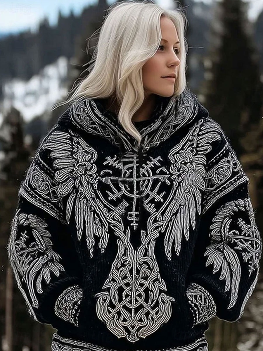 Damen Kapuzenpullover Patchwork Druck Fronttasche Grafik Geometrisch Stammes Vintage Lässig Boho Langarm Mit Kapuze Normale Oberteile Lässig Straße Alltagskleidung Schwarz Frühling Herbst Winter 2026 - $32.99 –P2