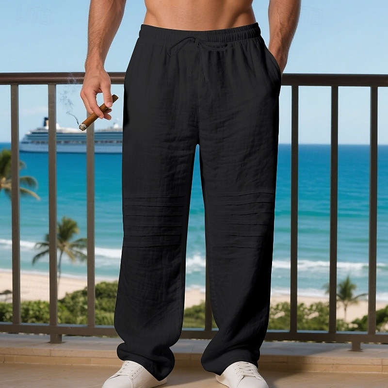 Men's Linen Pants Trousers Summer Pants Baggy Pants Beach Pants Drawstring Elastic Waist Solid Color Comfort Breathable Daily Outdoor Beach Vacation Fashion Light Khaki Black Inelastic 2026 - $24.99 –P13