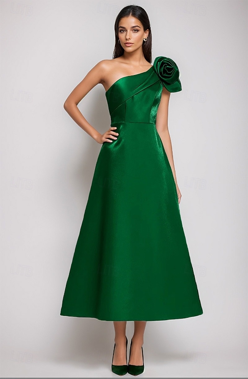 A-Line Tea Length Cocktail Dresses Elegant Silky Semi Formal Sleeveless One Shoulder Garden Party Wedding Satin with Shouder Flower 2026 - $159.99 –P1