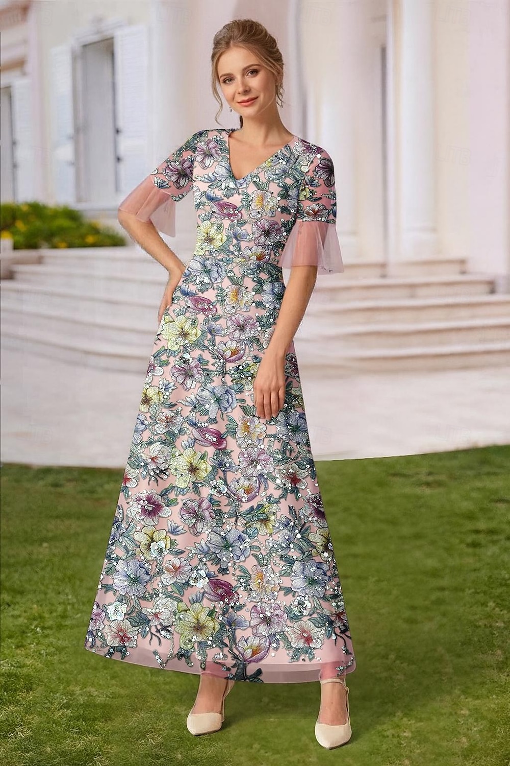 Corte A Vestidos Hasta el Suelo Hasta el Tobillo Bordado con cuentas Vestido de Fiesta Vestido Cóctel Vestido de Madrina Manga Corta Escote en Pico Elegante Vintage Formal Encaje Tul Encaje perlado 2026 - $205.89 –P4