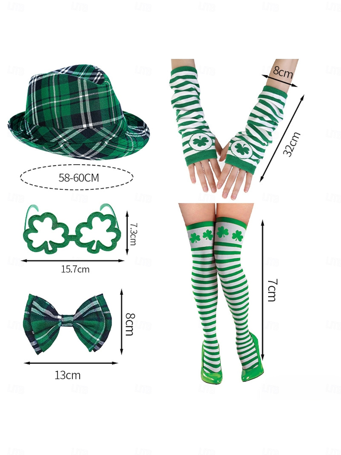 قبعة نسائية خضراء منقوشة بنقشة مربعات ليوم القديس باتريك، نظارات برسيم، قفازات، ربطة عنق &طقم جوارب مخططة – إكسسوارات احتفالية ممتعة لاحتفالات عيد القديس باتريك 2026 - $19.99 –P5