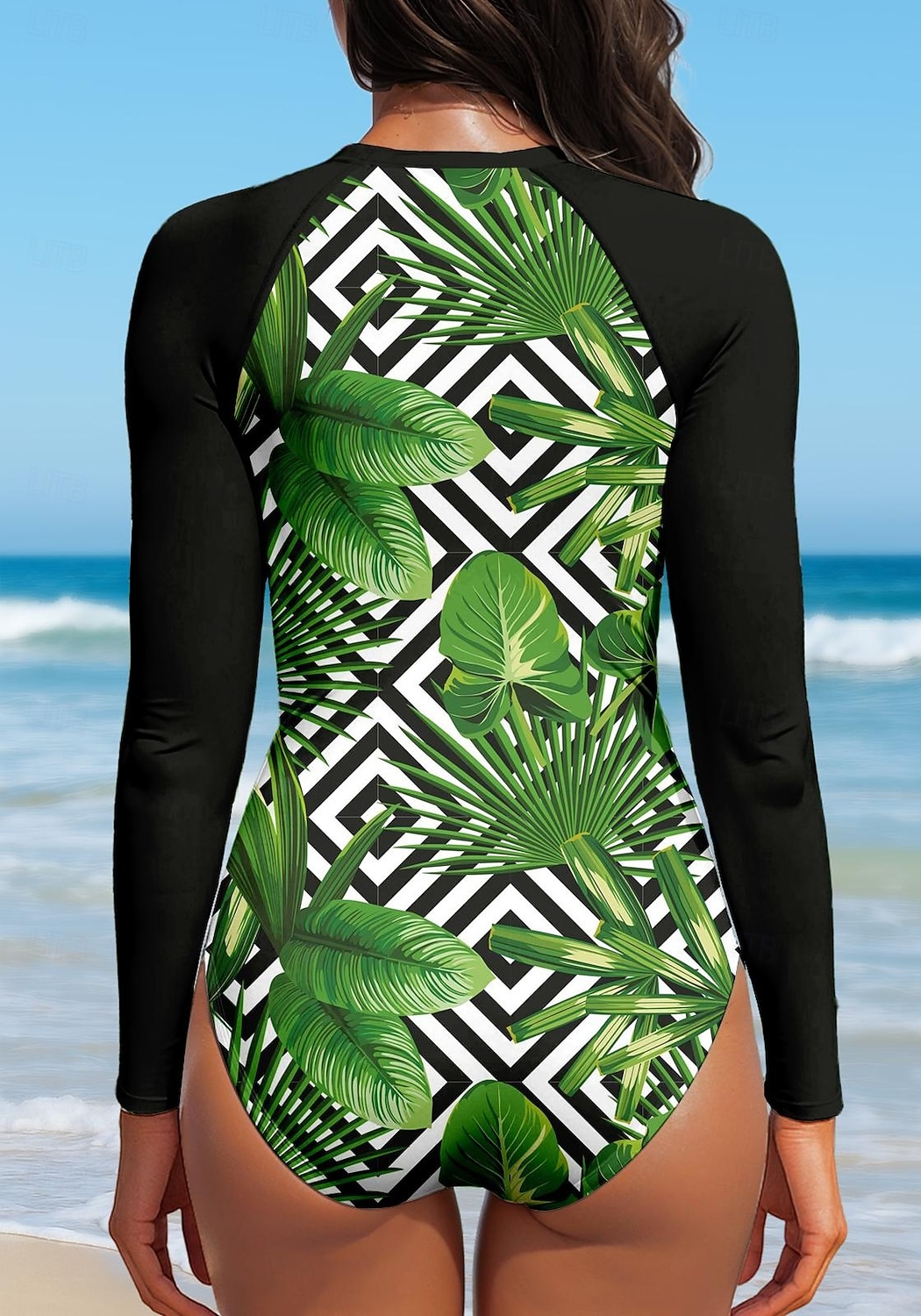 Жен. Стандартный Рашгард Геометрический принт тропический UPF50+ УФ-защита Быстровысыхающий Длинный рукав Боди Плавки-шорты Серфинг Гребля на каное Пляж  Лето 2026 - BHD 12.09 –P2