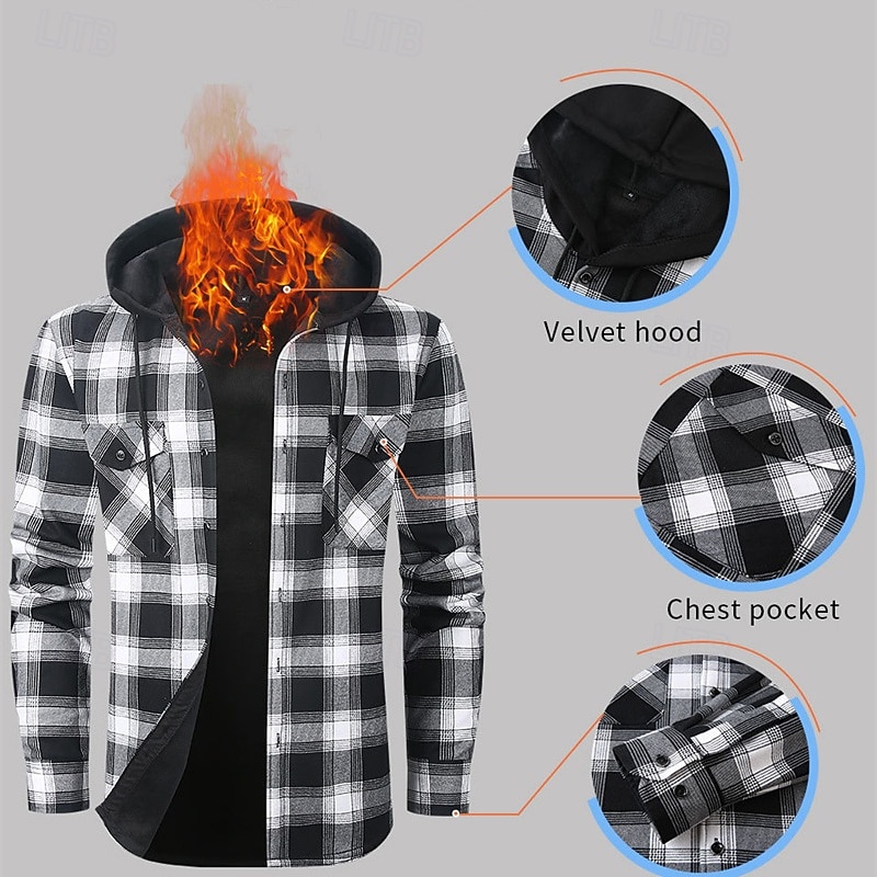 Муж. Зимнее пальто Флисовая жилетка Повседневная куртка Повседневные на открытом воздухе Сохраняет тепло Карман Осень Зима В клетку Уличный стиль Повседневные Капюшон Обычная 2026 - $31.99 –P3