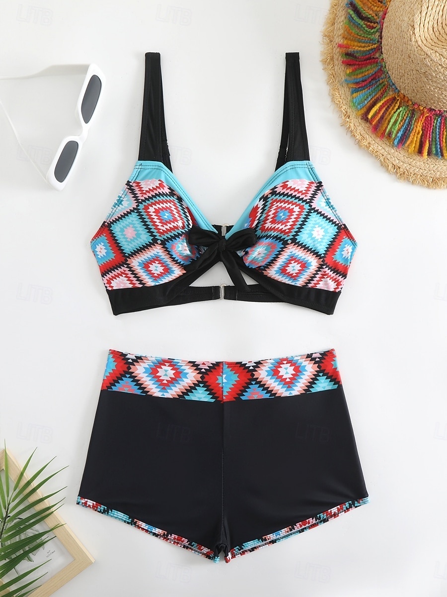 Dame Bikini 2 Delt Badedrakt Boho Shorts Slim Uten Rygg Ferie Strand Bekledning Fargeblokk Geometrisk V Hals Uten Ermer Badedrakter 2026 - $19.99 –P8