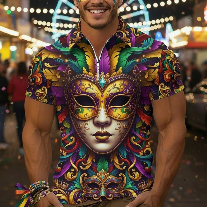 Per uomo Polo Polo con zip a un quarto Quotidiano Carnevale Zip a un quarto Manica Corta Moda Essenziale Grafico Maschera Stampa 3D Estate Primavera Vestibilità su misura Viola scuro Oro Viola Polo del 2026 a $17.99 –P1