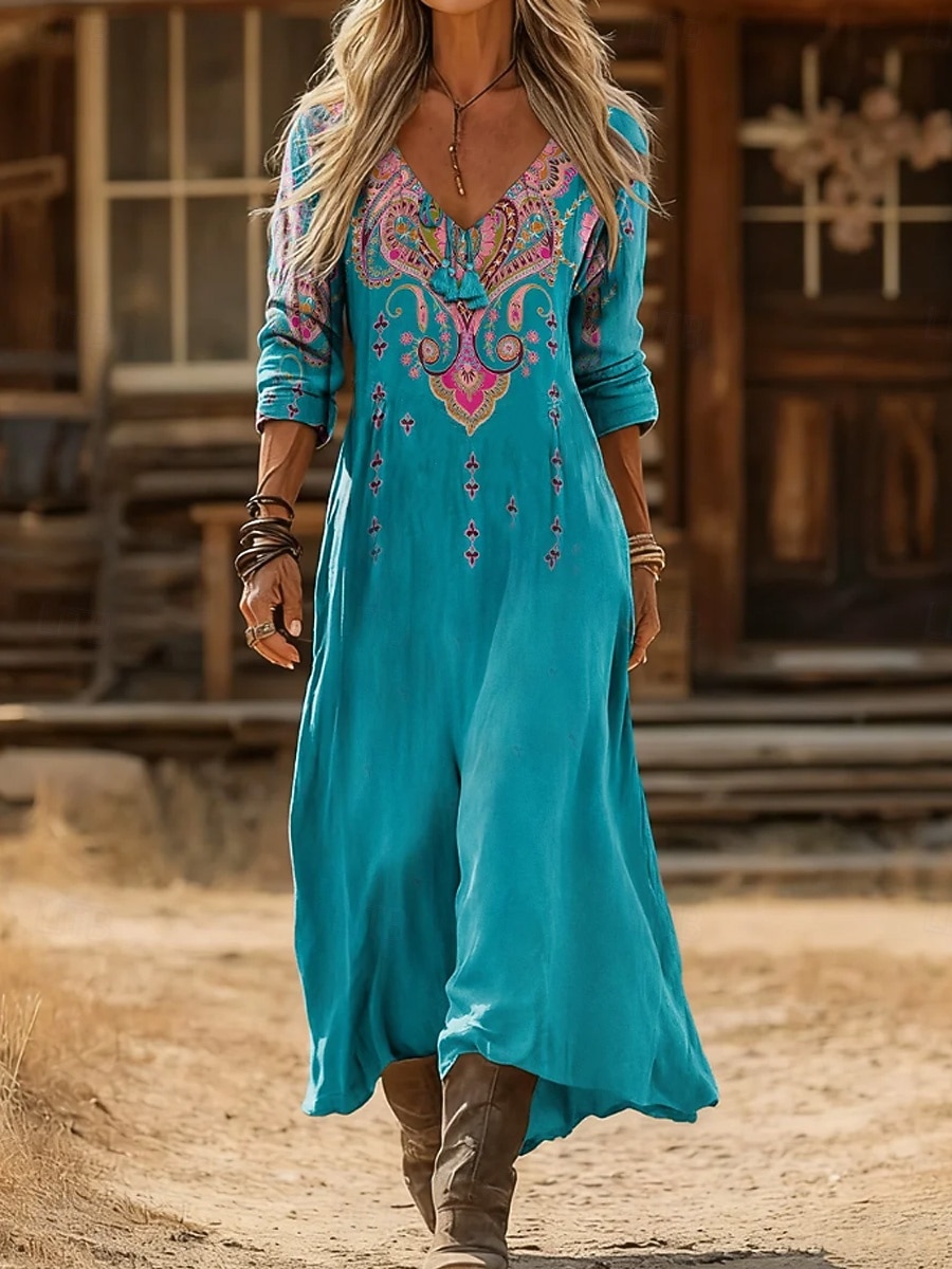 Женское макси-платье Boho Платье-обтягиватель Вечеринка Повседневное Ежедневная Встреча На выход Обычная посадка Графический Геометрический Пейсли Длинный рукав V-образный вырез Синий Черный 2026 - $37.99 –P2