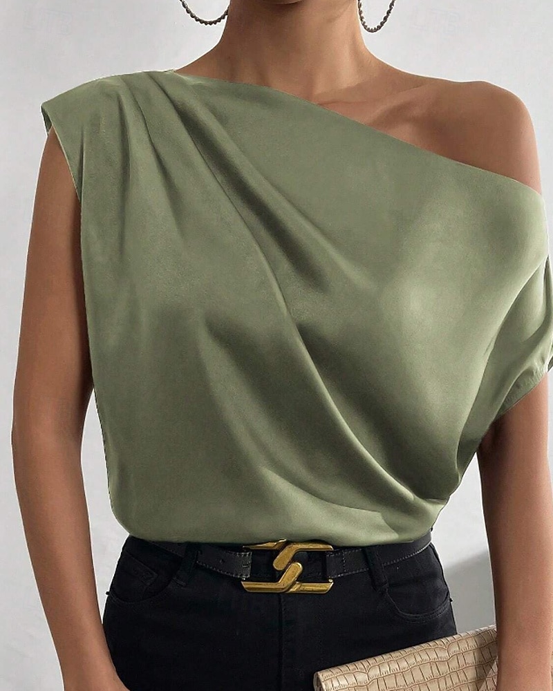 Per donna Camicia Elegant Top in raso Blusa Senza schiena Semplice Vintage Elegante Senza Maniche Asimmetrico Top Regolari Quotidiano Ferie Uscire Nero Verde chiaro Verde smeraldo Albicocca Estate del 2026 a $25.99 –P12