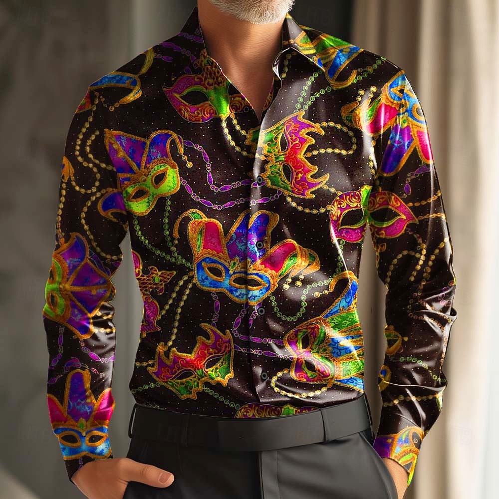 Mardi Gras Pánské Barevná Karneval Maska s peřím Košile Saténová košile Košile k obleku Dlouhý rukáv Móda pro volný čas Párty Dovolená Léto Jaro Přehnutý 3D tisk Košile na knoflíky Černá Fialov 2026 - $29.99 –P4