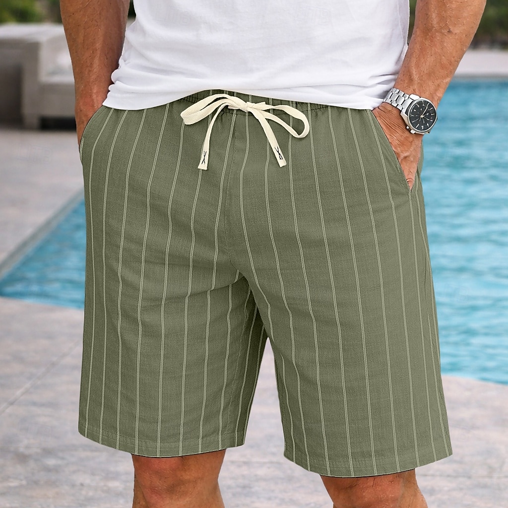 Men's Shorts Linen Shorts Summer Shorts Beach Shorts Drawstring Elastic Waist Striped Comfort Breathable Knee Length Daily Outdoor Holiday Vacation Fashion Black White Inelastic 2026 - $20.99 –P8