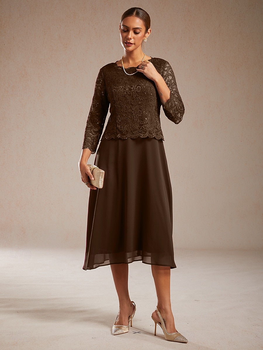 Per donna Abito Midi Vestito in Chiffon Abito a trapezio Elegante Ospite di nozze Cocktail party Allacciato Paillettes Vestibilità regolare Tinta unica Manica 3/4 Girocollo Caffè del 2026 a $103.99 –P1
