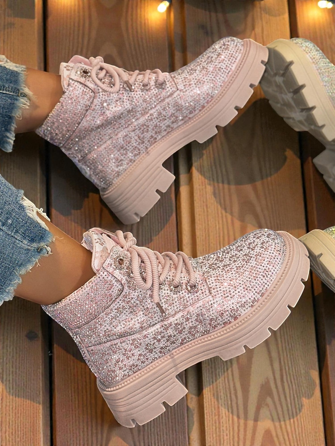 stivaletti allacciati con glitter da donna - stivali da combattimento con plateau e strass scintillanti, stile trendy per la vita notturna, per feste e club &abiti da sera del 2026 a $59.99 –P1