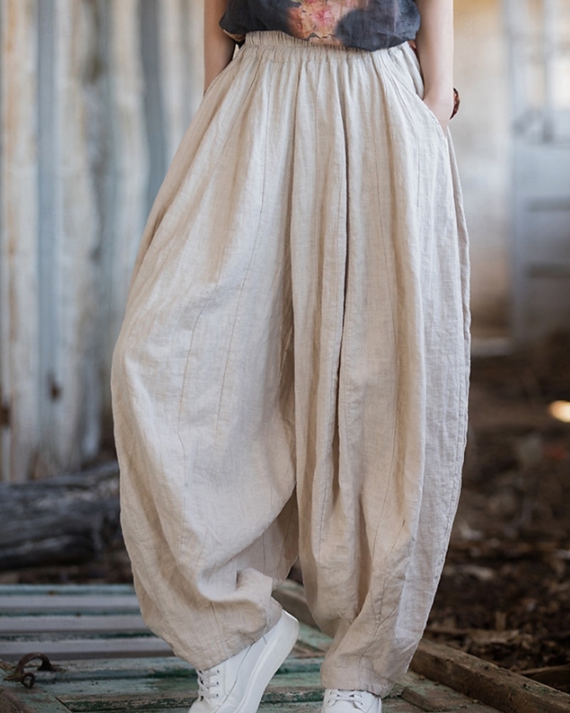 Women's Cotton Linen Pants Chinos Summer Shorts Bloomers Vacation Streetwear Basic Full Length Medium Waist Plain Pocket Elastic Waistband Comfy Comfort Inelastic Daily Outdoor Vacation rice white 2026 - $49.99 –P6