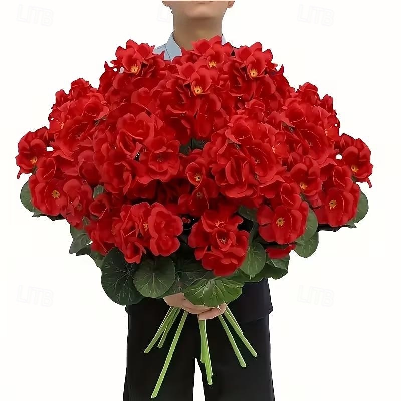 6 větví, kytice z umělých pelargónií odolných proti UV záření, 30 stonků/větví, zářivě červené květy s bujným zeleným olistěním, realistická plastová dekorace do interiéru/venkovního prostředí, 2026 - $25.99 –P10