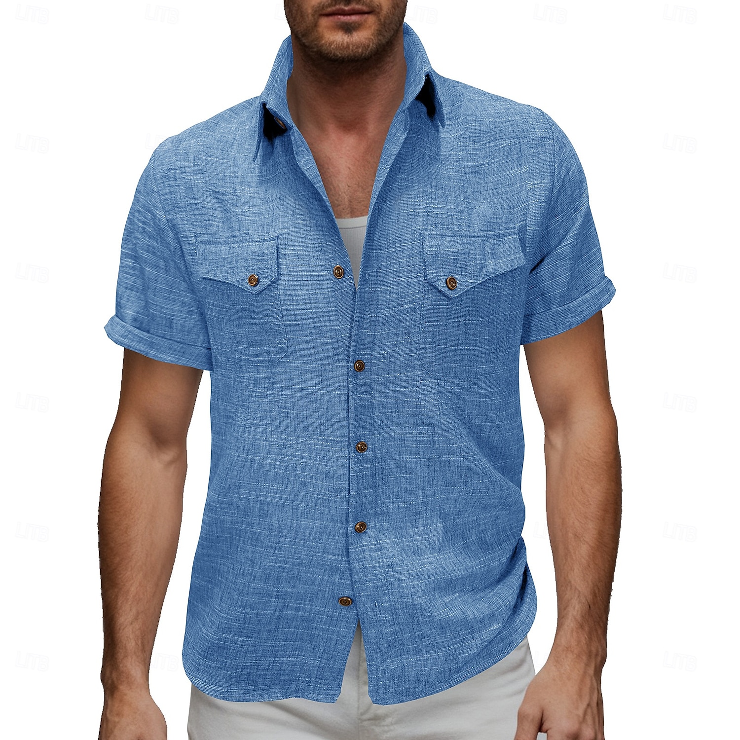 Voor heren Overhemd Linnen overhemd Zomer overhemd Strand Kleding Effen Kleur Casual Vakantie blauw Marineblauw Hemelsblauw Abrikoos Korte mouw Overhemdkraag Zomer Lente Kleding 2026 - $25.99 –P8