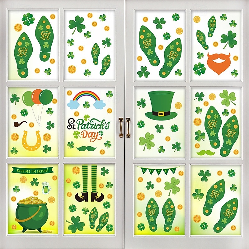 9 feuilles d'autocollants pour fenêtre sur le thème de la Saint-Patrick : trèfles, empreintes de chaussures de lutin, pièces d'or (autocollants statiques), décorations pour vitres sur le thème d'une de 2026 ? $10.99 –P2