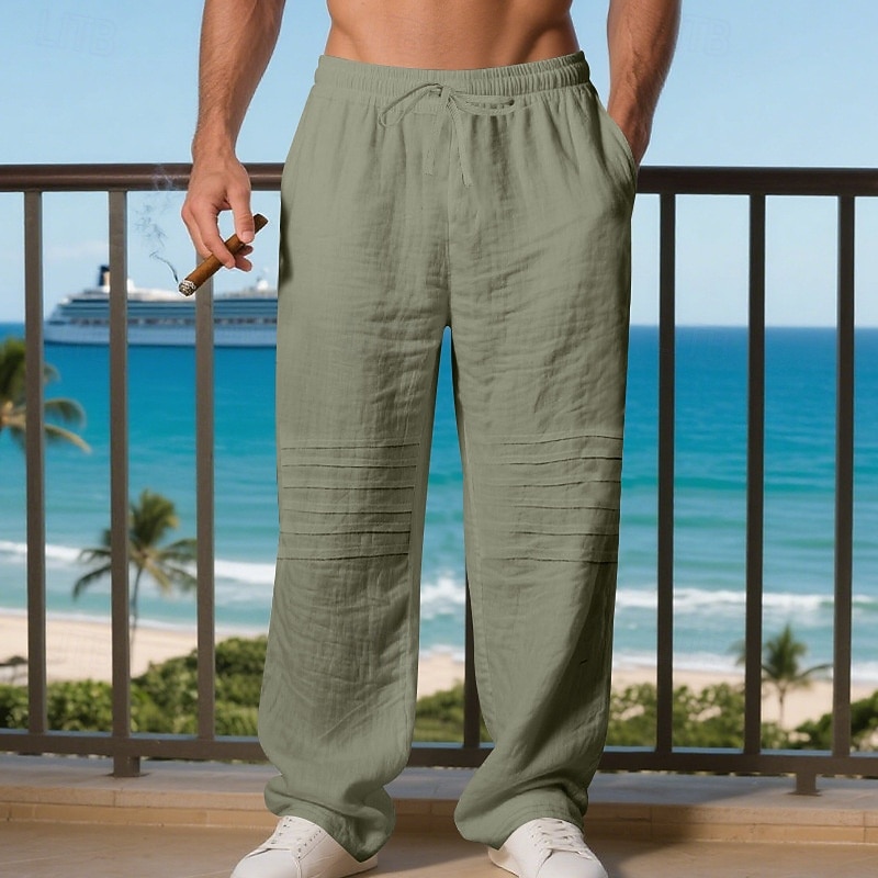 Men's Linen Pants Trousers Summer Pants Baggy Pants Beach Pants Drawstring Elastic Waist Solid Color Comfort Breathable Daily Outdoor Beach Vacation Fashion Light Khaki Black Inelastic 2026 - $24.99 –P15