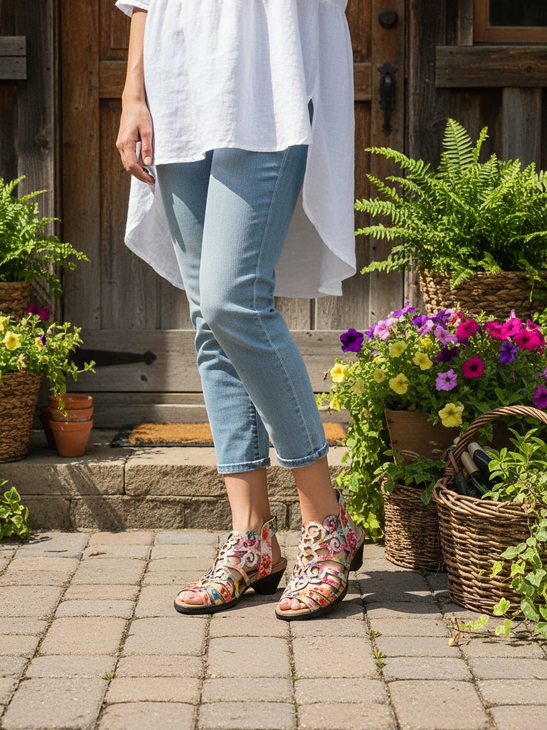 oransje damesandaler med blomstertrykk og lav hæl, komfort, myk polstret innersåle, pustende åpen tå-design for modne kvinner, reiser, daglige turgåing og sommerbruk 2026 - $84.99 –P2