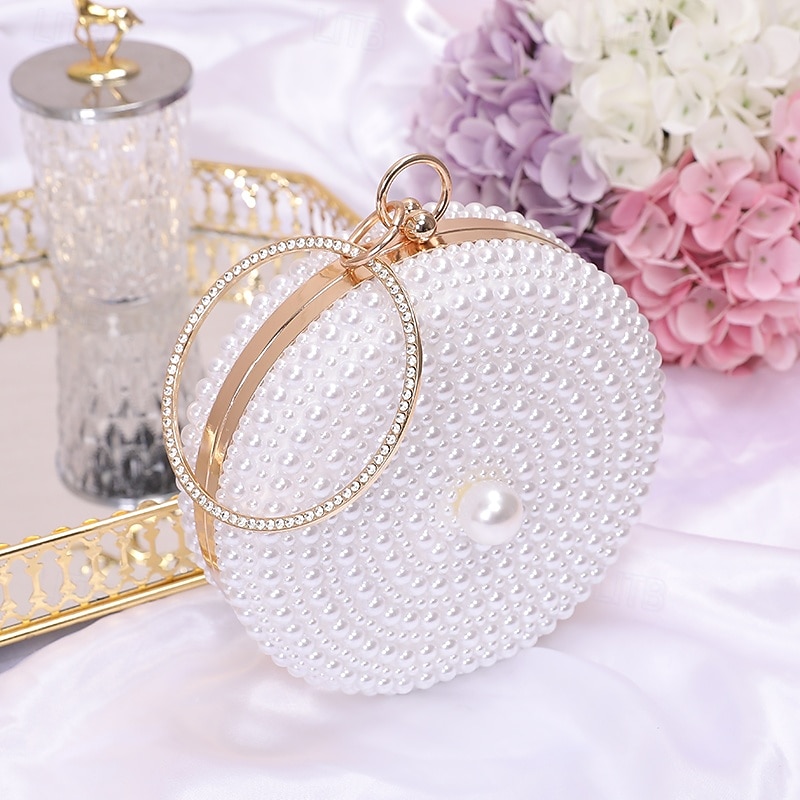 Women's Wallet Evening Bag Evening Bag Coin Purse Leather Party Wedding Party Pearls Solid Color Gold / White Almond 2026 - $42.99 –P3
