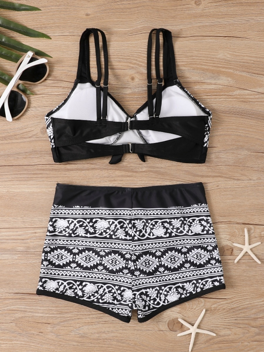 Dame Bikini 2 Delt Badedrakt Boho Shorts Slim Uten Rygg Ferie Strand Bekledning Fargeblokk Geometrisk V Hals Uten Ermer Badedrakter 2026 - $19.99 –P7