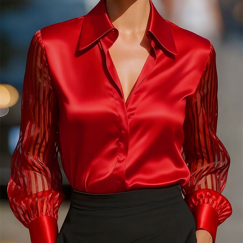 Damskie Koszula Elegancki Top satynowy Bluzka Z marszczeniami Oczko Guziki Równina Elegancja Zabytkowe damska Długi rękaw Kołnierzyk koszuli Zwykłe topy Codzienny Praca Święto Czarny Biały Czerwony 2026 - $26.99 –P4