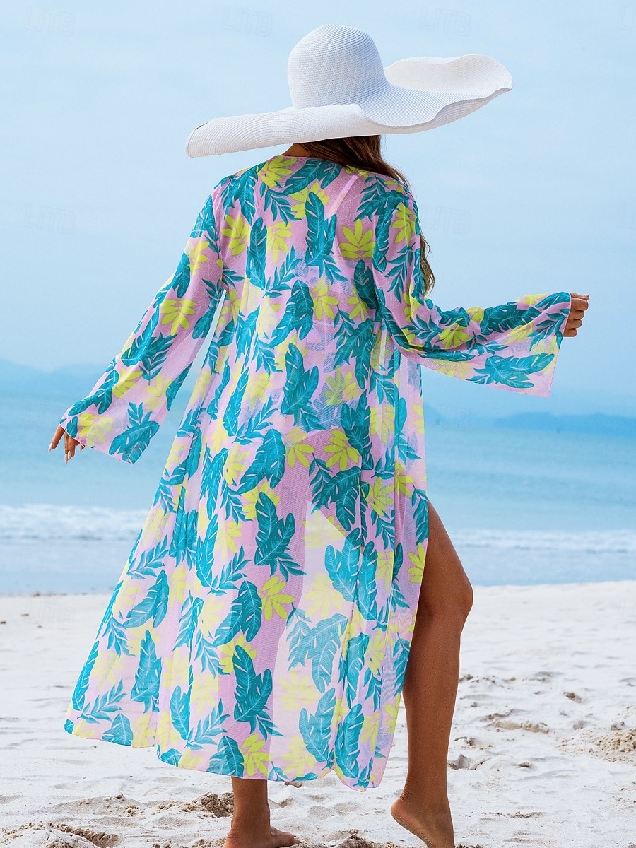 Costume da bagno tre pezzi bikini da donna palme controllo della pancia snella senza schienale abbigliamento da spiaggia floreale foglie scollatura a V senza maniche del 2026 a $31.99 –P10