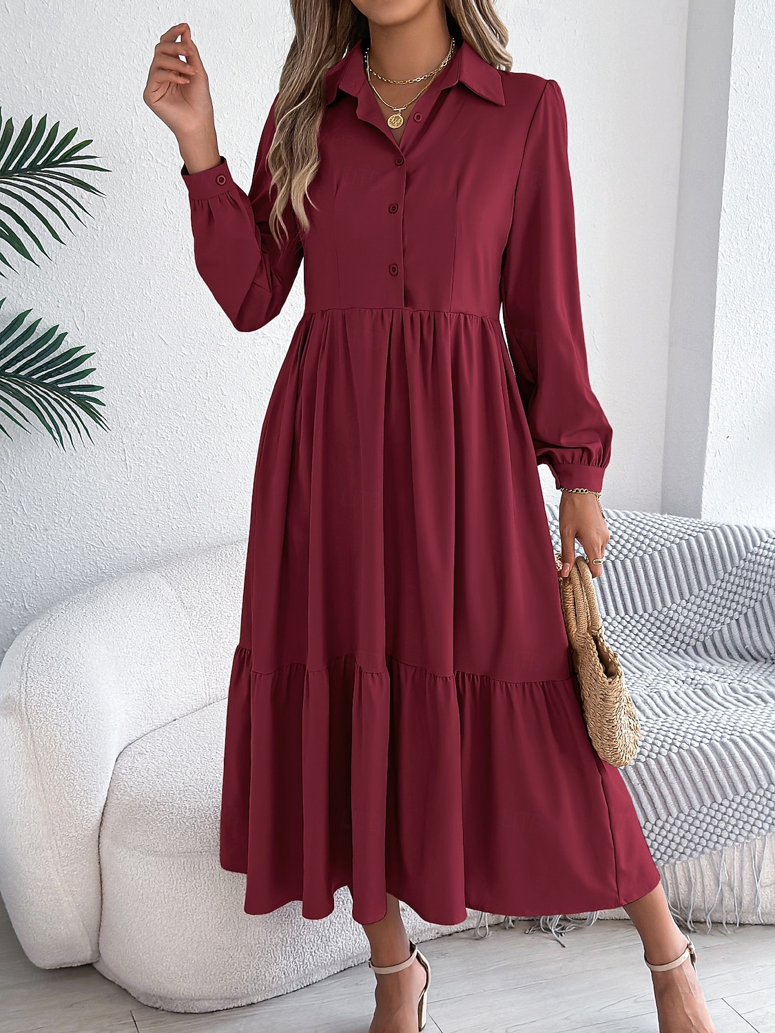 Women's Midi Dress A Line Dress Casual Daily Regular Fit Plain Long Sleeve Lapel Blue Navy Wine Green Spring 2026 - $36.99 –P4