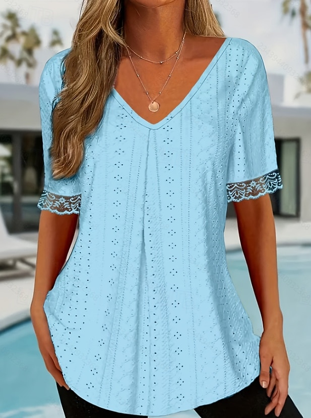 Women's T Shirt Lace Embroidered Plain Elegant Fashion Modern Short Sleeve V Neck Regular Tops Daily Weekend Blue Pink Purple Summer Spring 2026 - $21.99 –P5