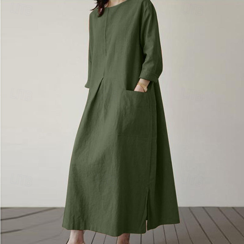 Mujer Vestido Midi Lino de algodón sintético Vestido de cambio Vestido informal Elegante Moda Moderno Diario Vacaciones Noche Ajuste regular Plano Manga Larga Cuello Barco Negro Verde Ejército 2026 - $28.99 –P6