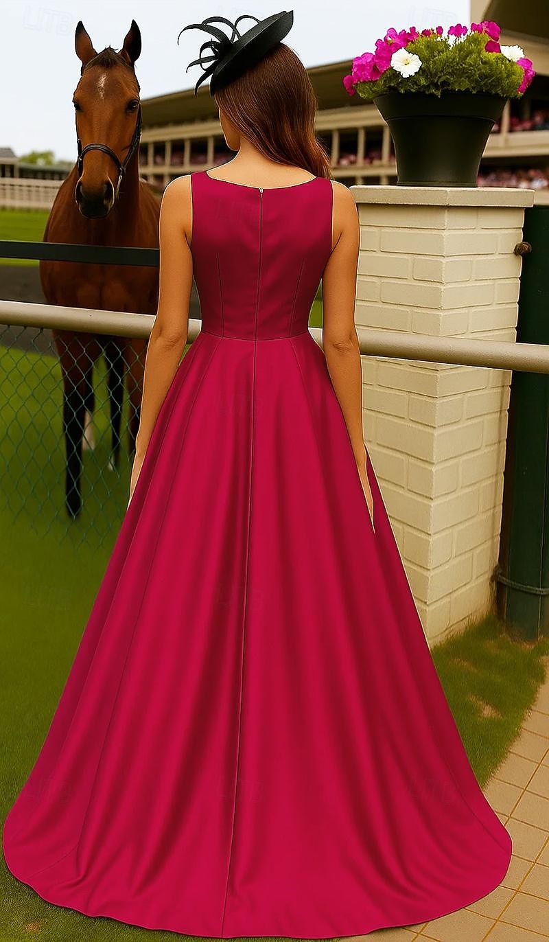 A-linja Kokopitkä Derby-mekko Iltapuku Ball Gown Muodollinen mekko Tyylikäs Hihaton Venekaula-aukko Kentucky Derby Tasku Joustava satiini kanssa Rusetti(rusetit) 2026 - $163.99 –P2